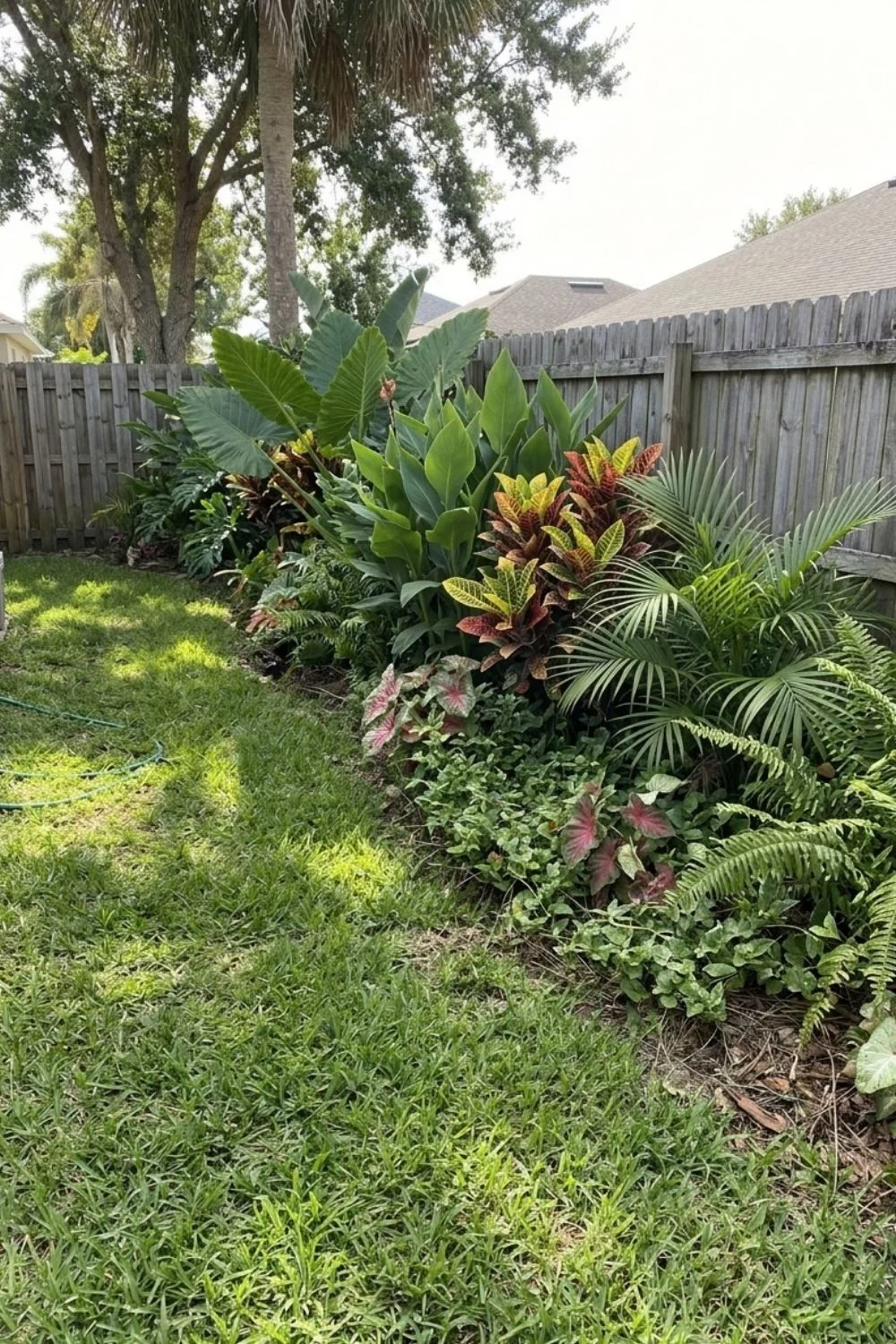 Tropical Bold-Foliage Edge defining a flower bed in a suburban backyard