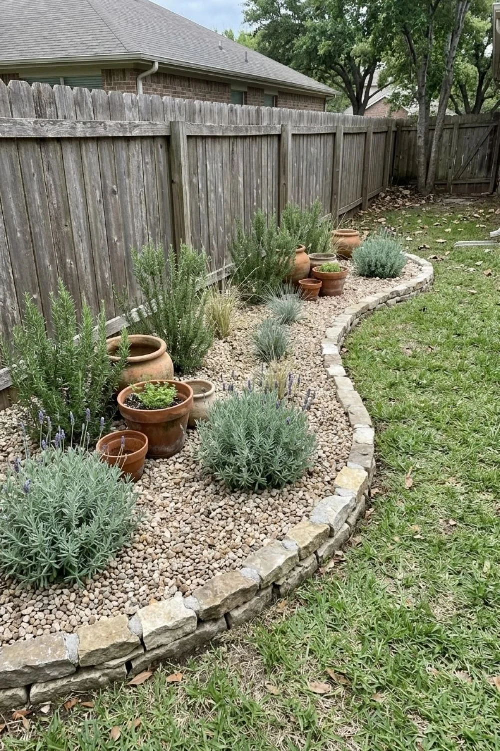 Mediterranean Gravel and Terracotta Border defining a flower bed in a suburban backyard