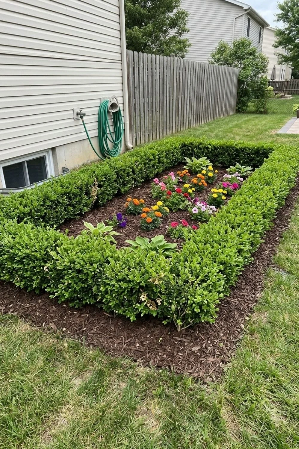 Formal Boxwood Border defining a flower bed in a suburban backyard