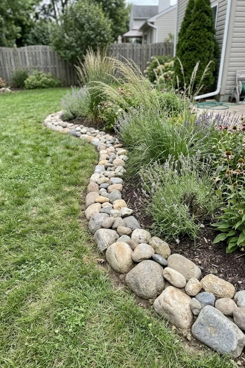 Coastal Stone Border defining a flower bed in a suburban backyard