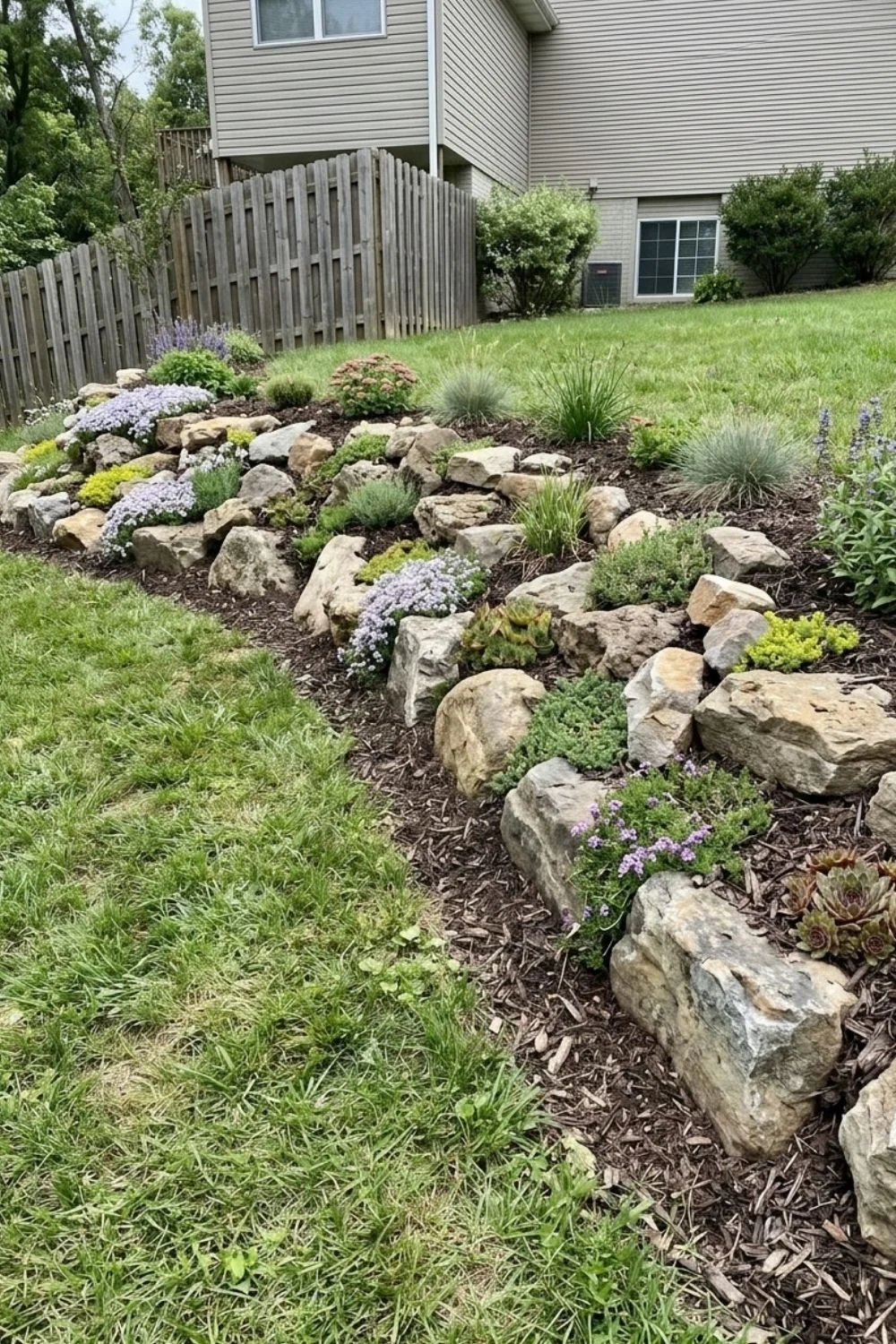 Rock Garden Border defining a flower bed in a suburban backyard