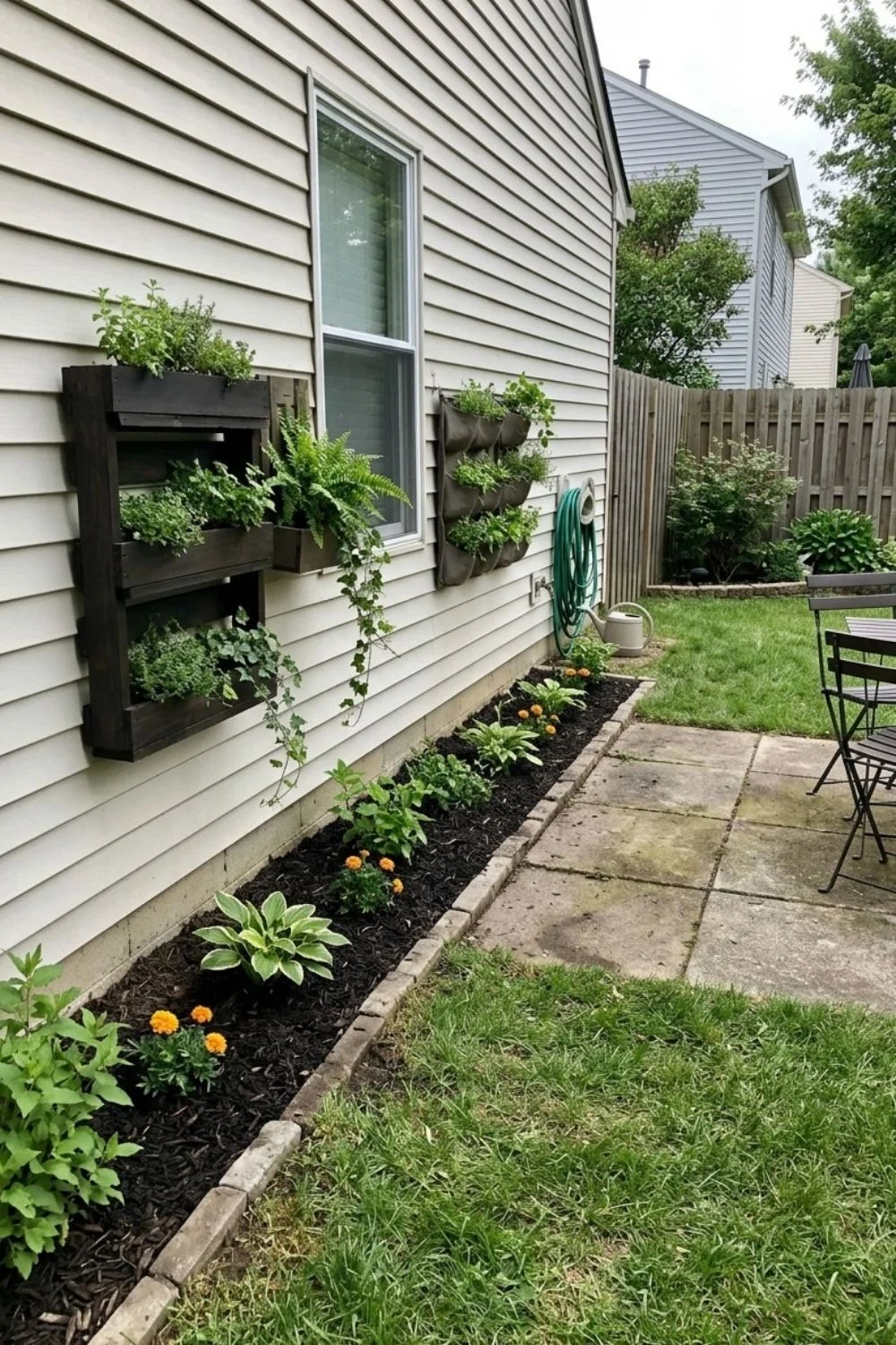 Vertical Planter Border defining a flower bed in a suburban backyard
