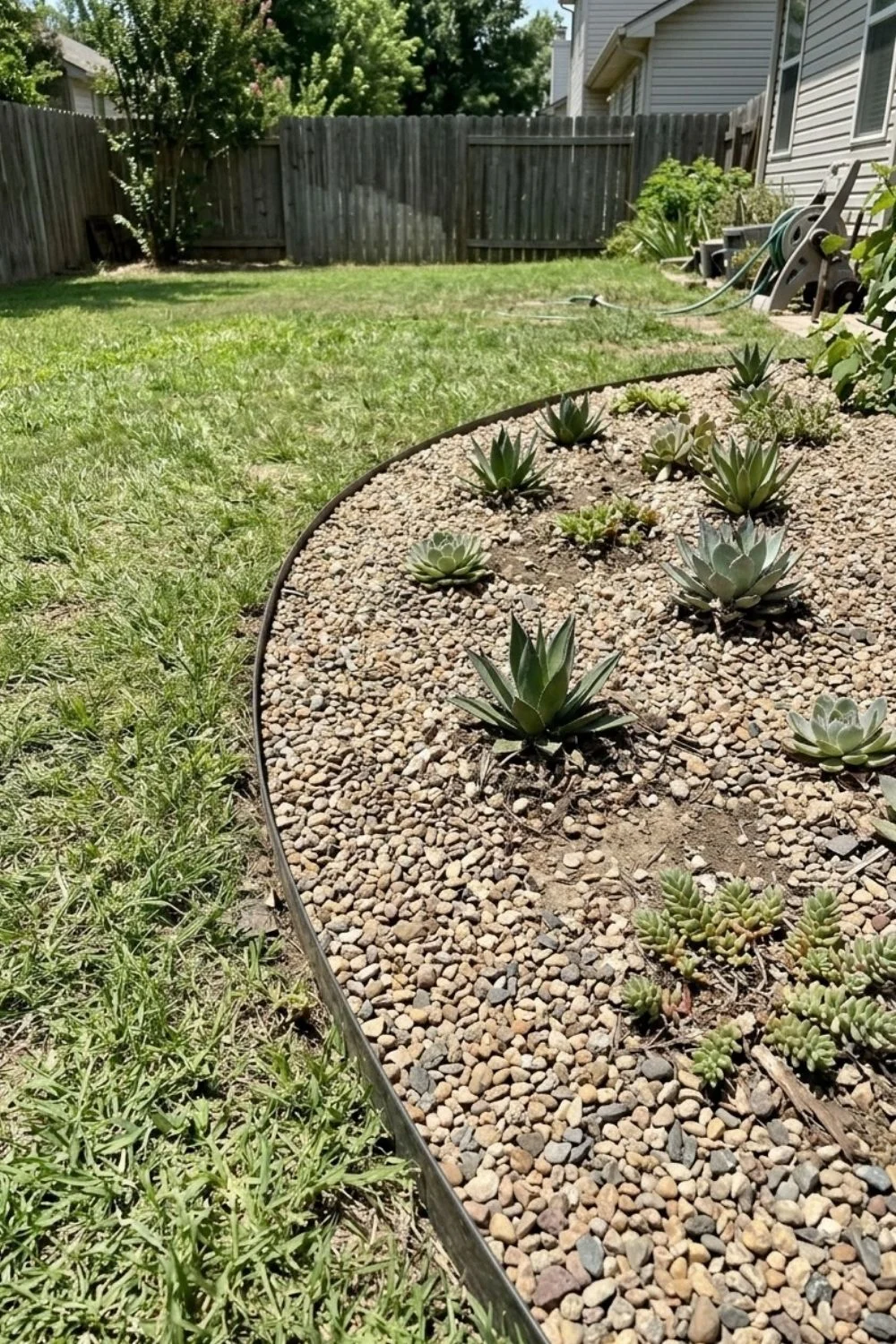 Succulent Gravel Edge defining a flower bed in a suburban backyard