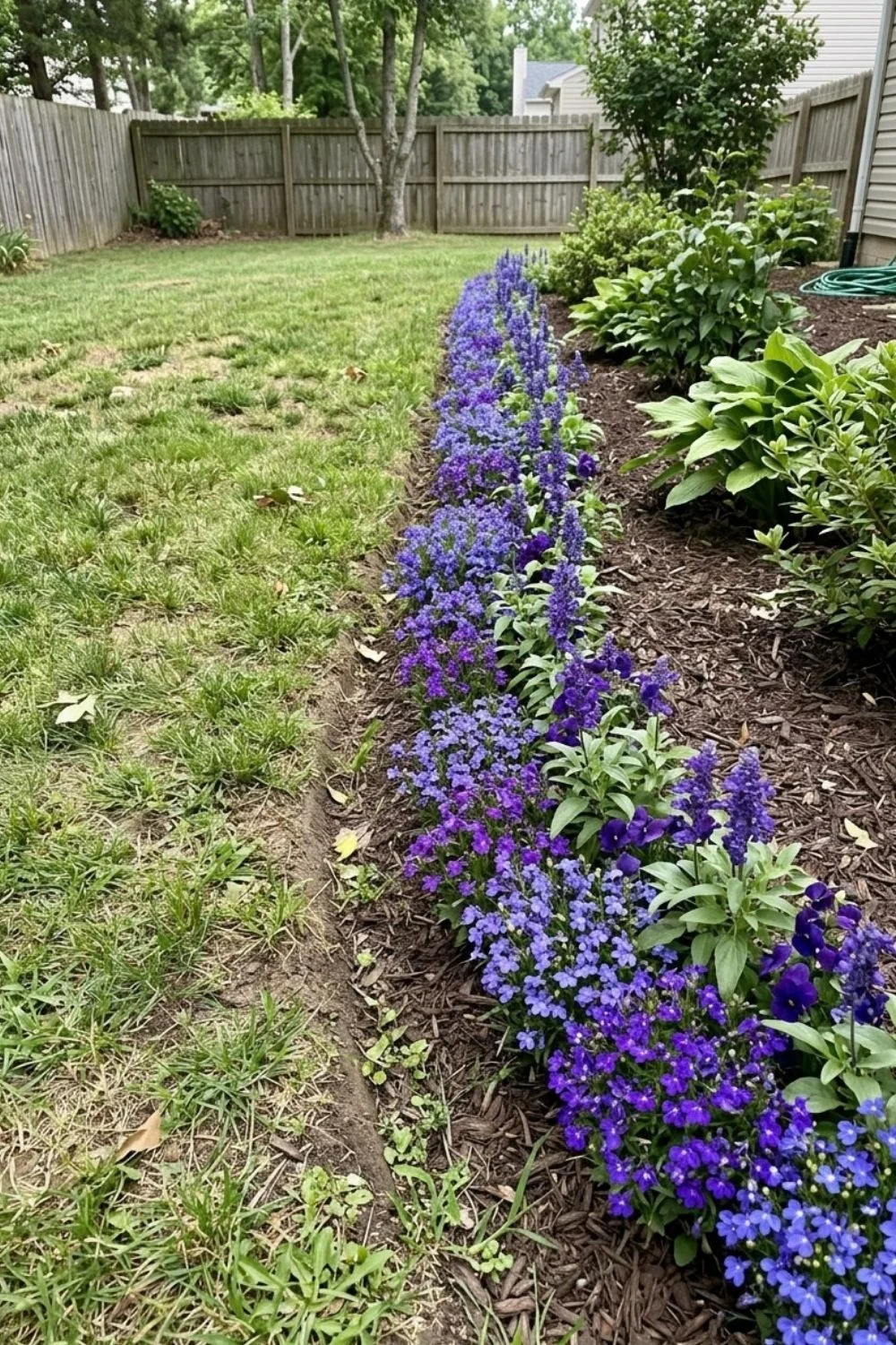 Monochromatic Border Planting defining a flower bed in a suburban backyard