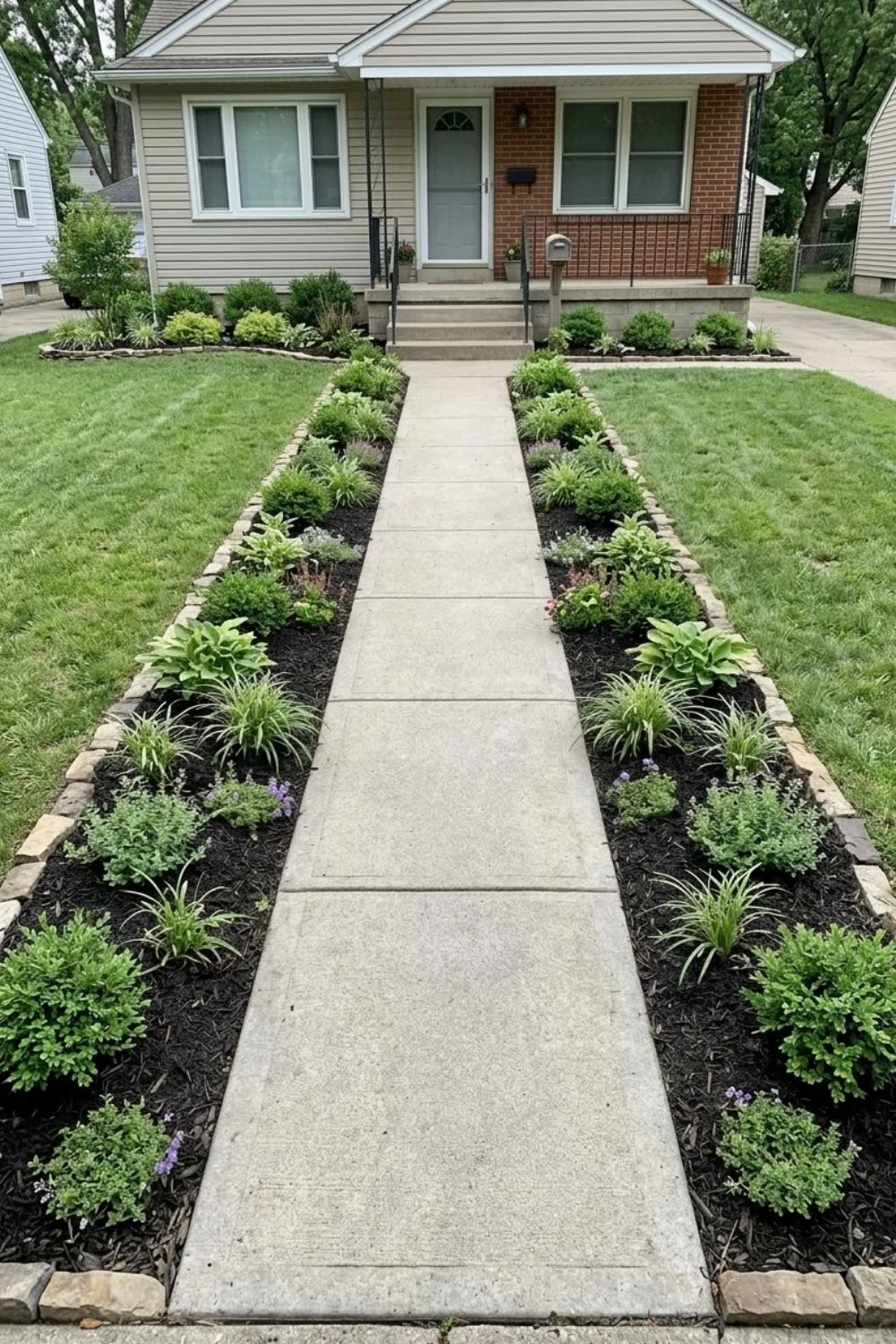 Symmetrical Entry Border defining a flower bed in a suburban backyard