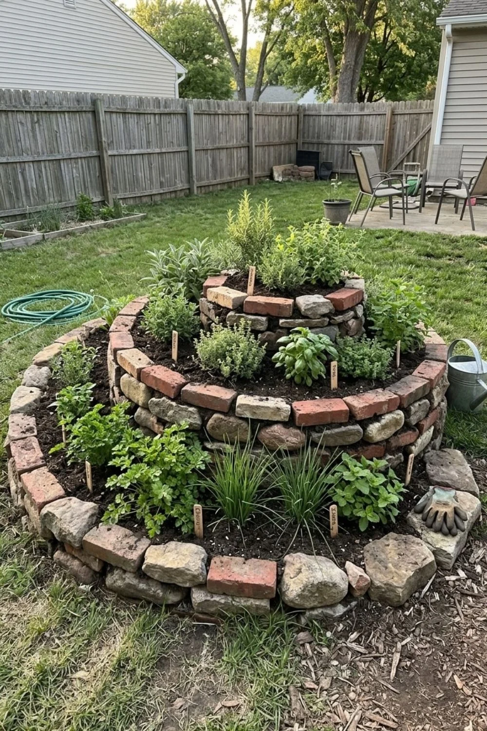 Herb Spiral Border defining a flower bed in a suburban backyard