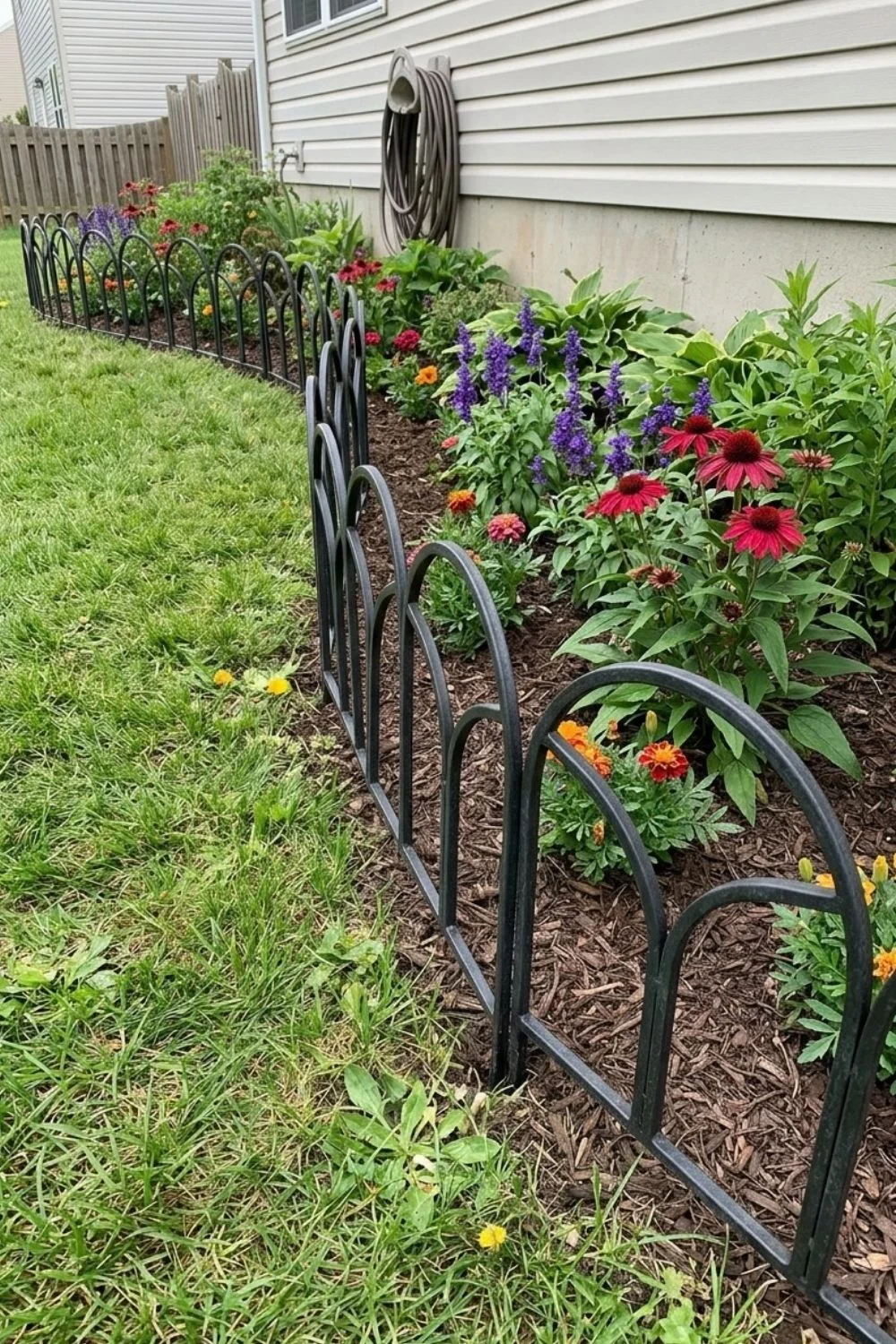 Dark Wrought-Iron Accent Border defining a flower bed in a suburban backyard