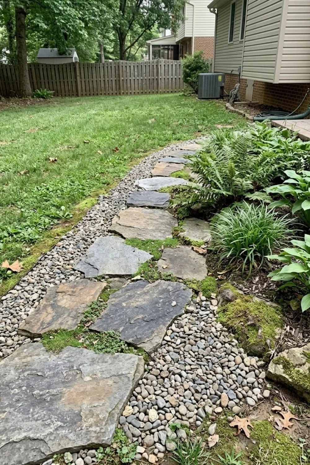 Japanese-Inspired Stone Edge defining a flower bed in a suburban backyard