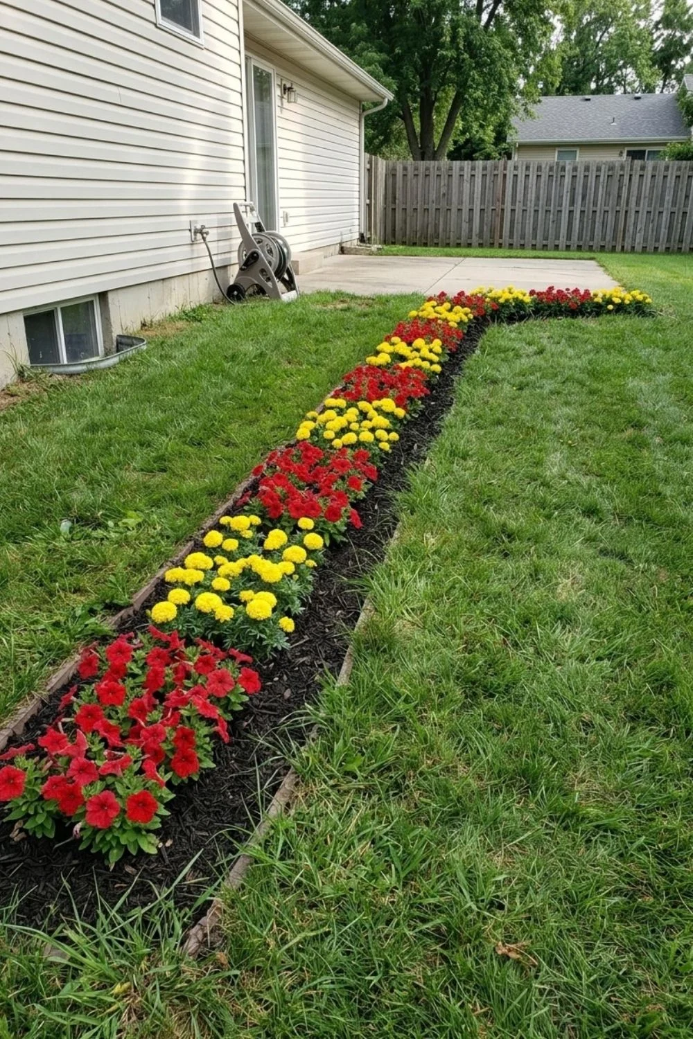Patterned Annual Border defining a flower bed in a suburban backyard