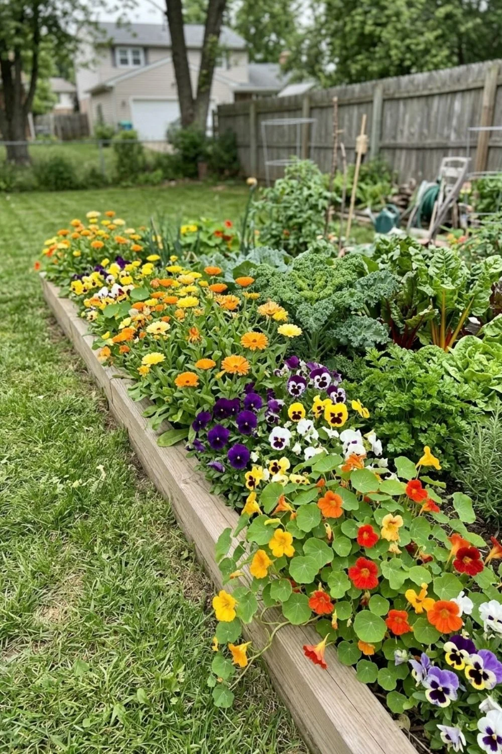 Edible Flower Border defining a flower bed in a suburban backyard