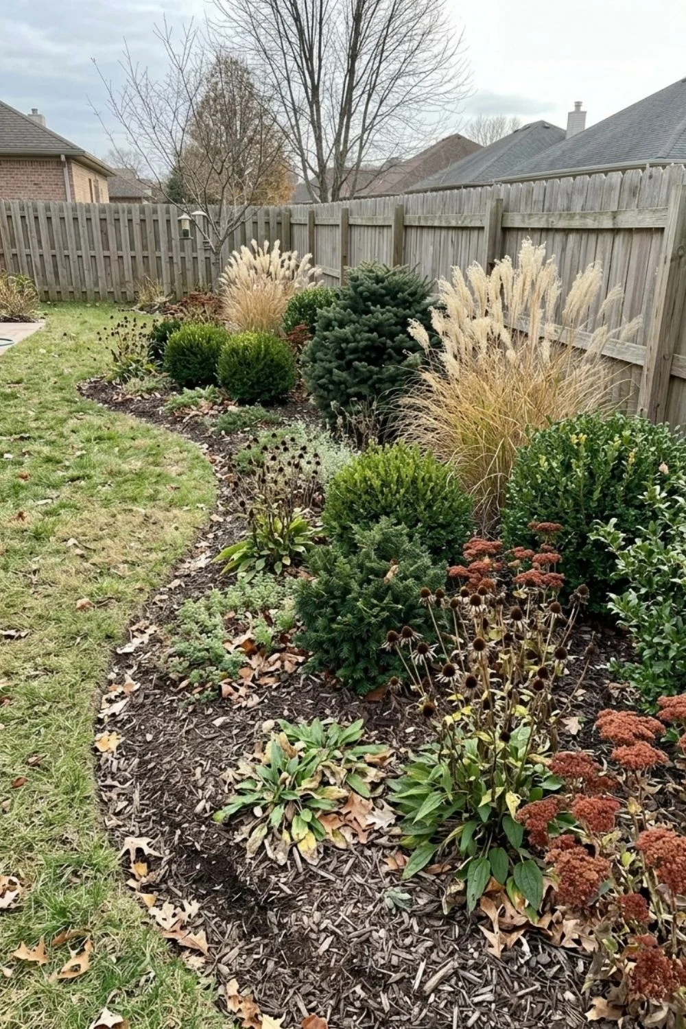 Four-Season Mixed Border defining a flower bed in a suburban backyard