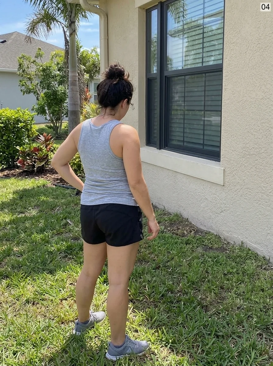 Homeowner checking sunlight and planting space near a front window