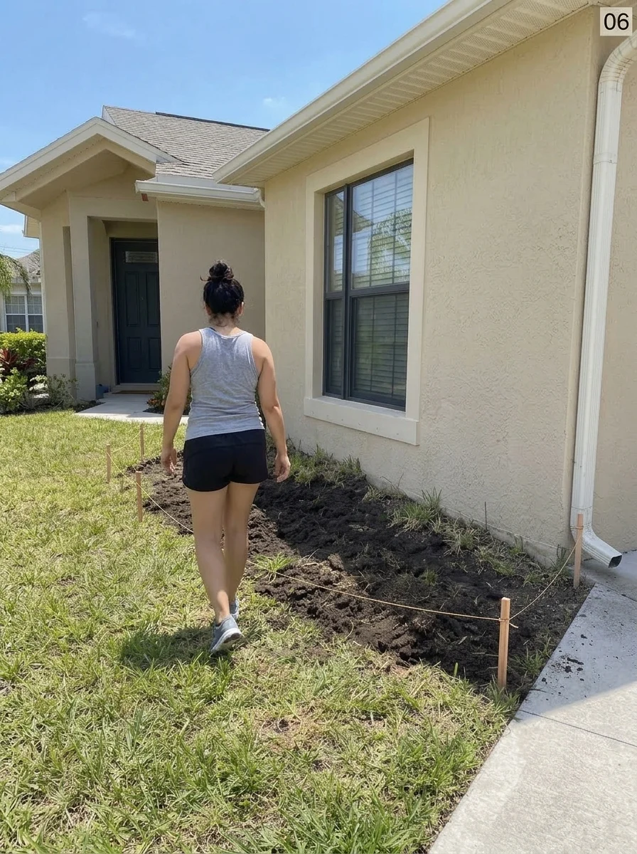 Stakes and string marking a simple front yard garden bed