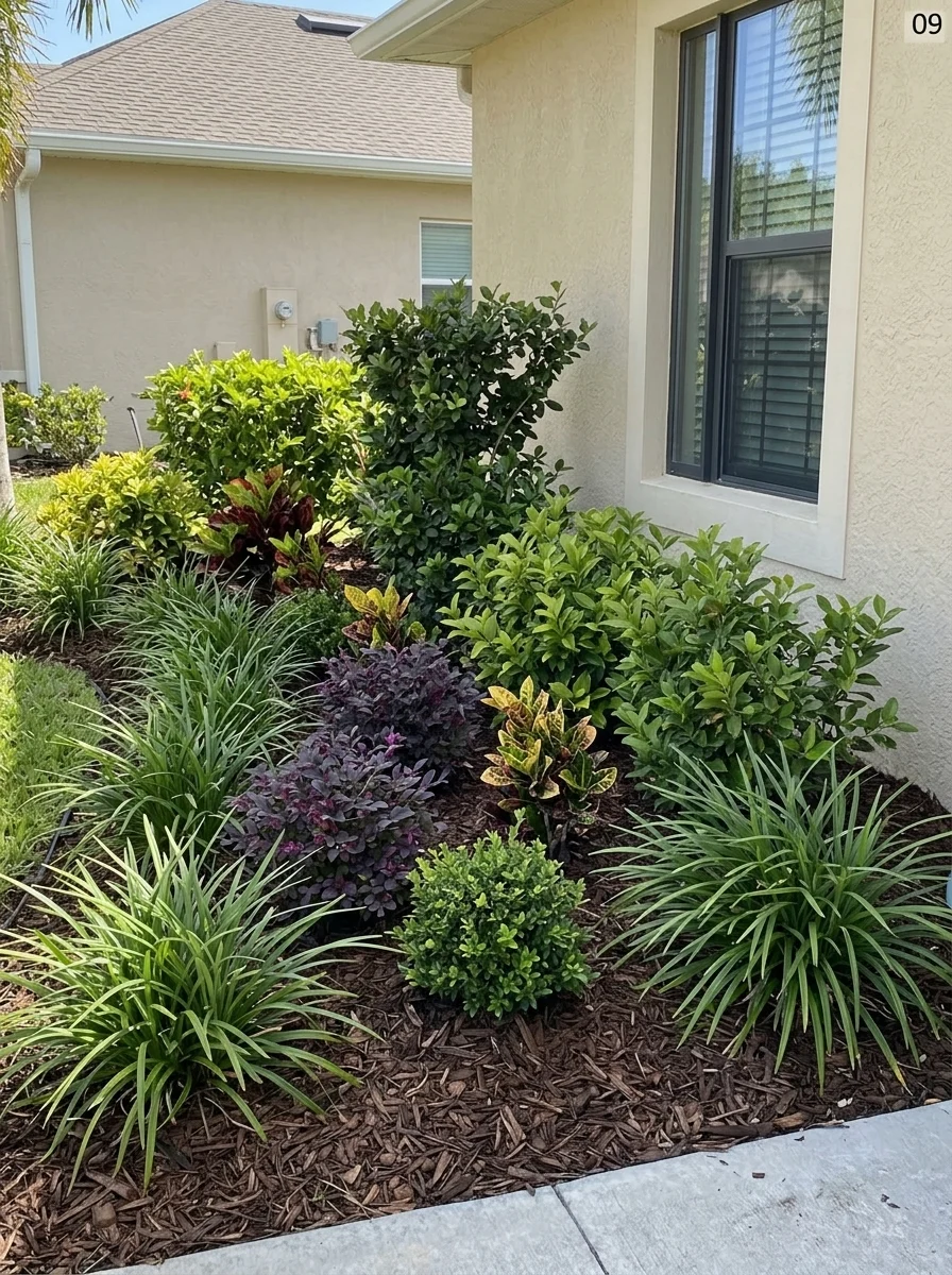 Low-maintenance shrubs and grasses grouped in a front yard bed