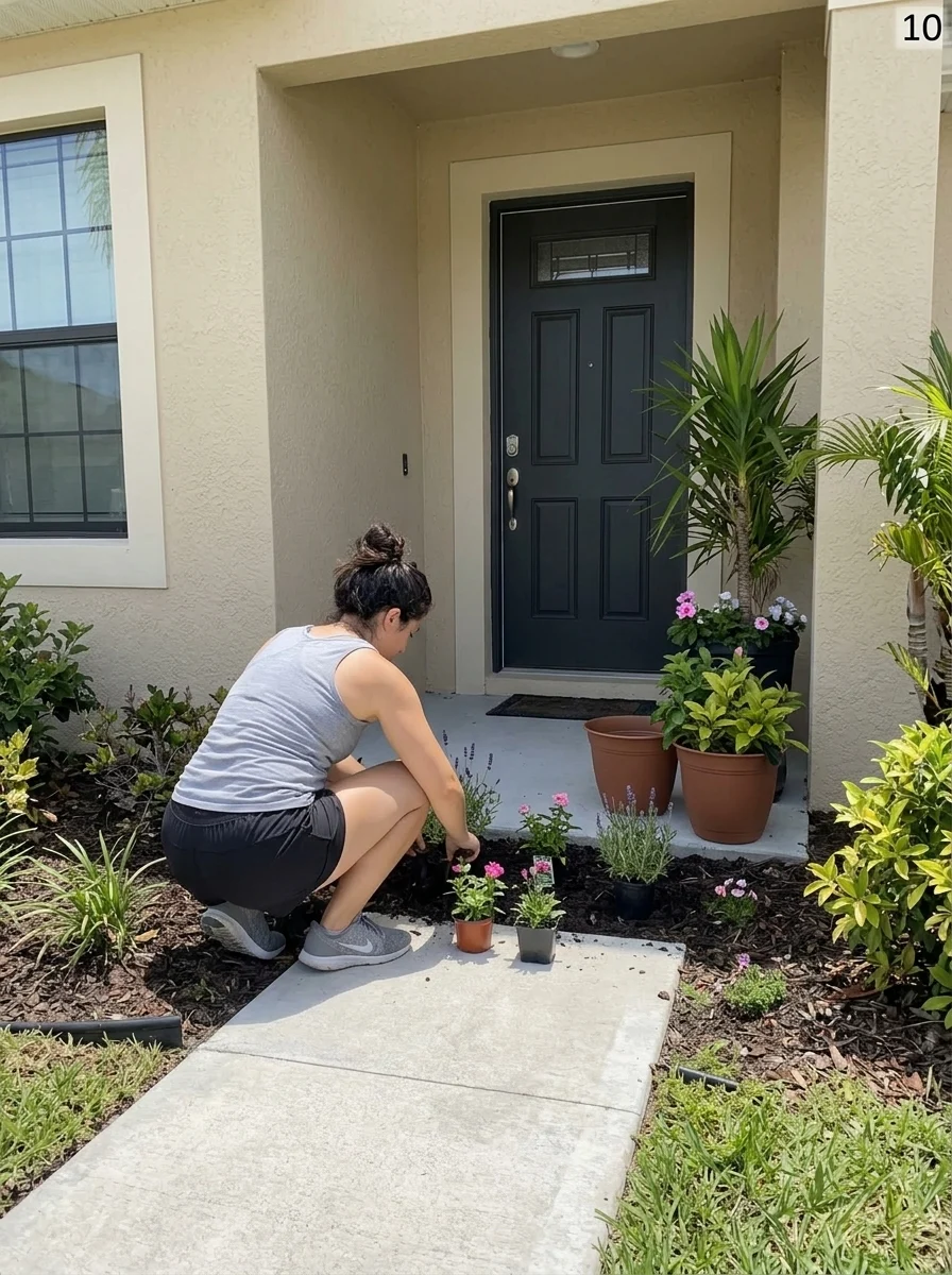 Homeowner arranging simple plants near a front entrance