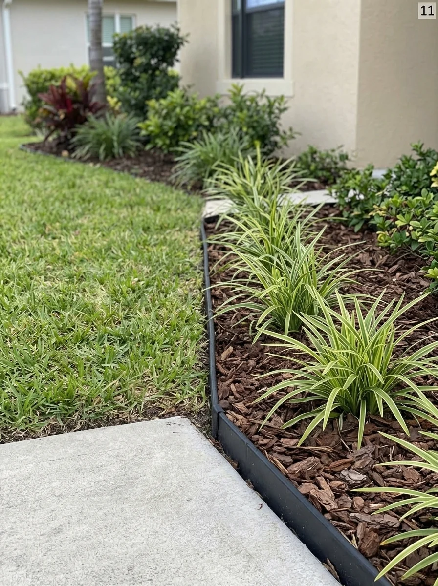 Concrete entry walkway beside a mulched front garden bed