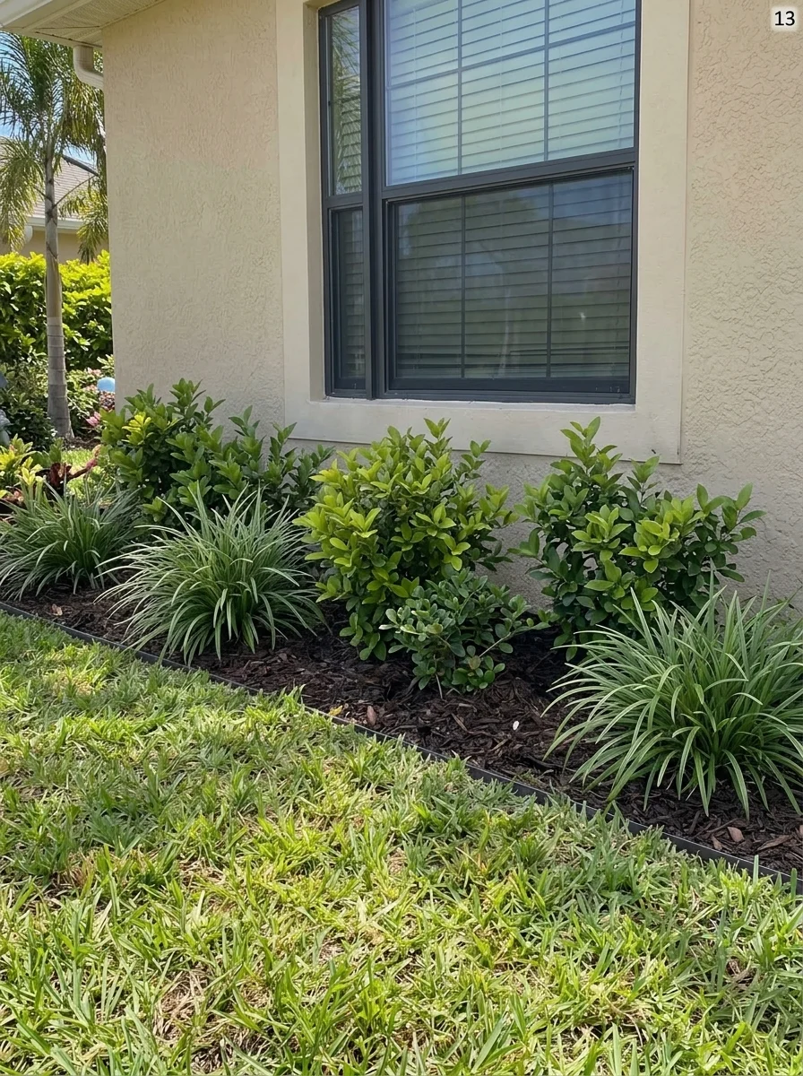 Low-growing border plants below a front window