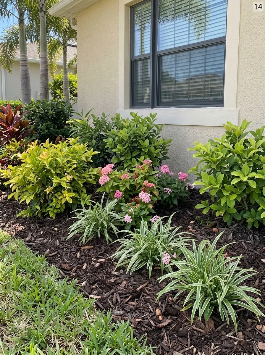 Small amount of seasonal flowers mixed into front yard greenery