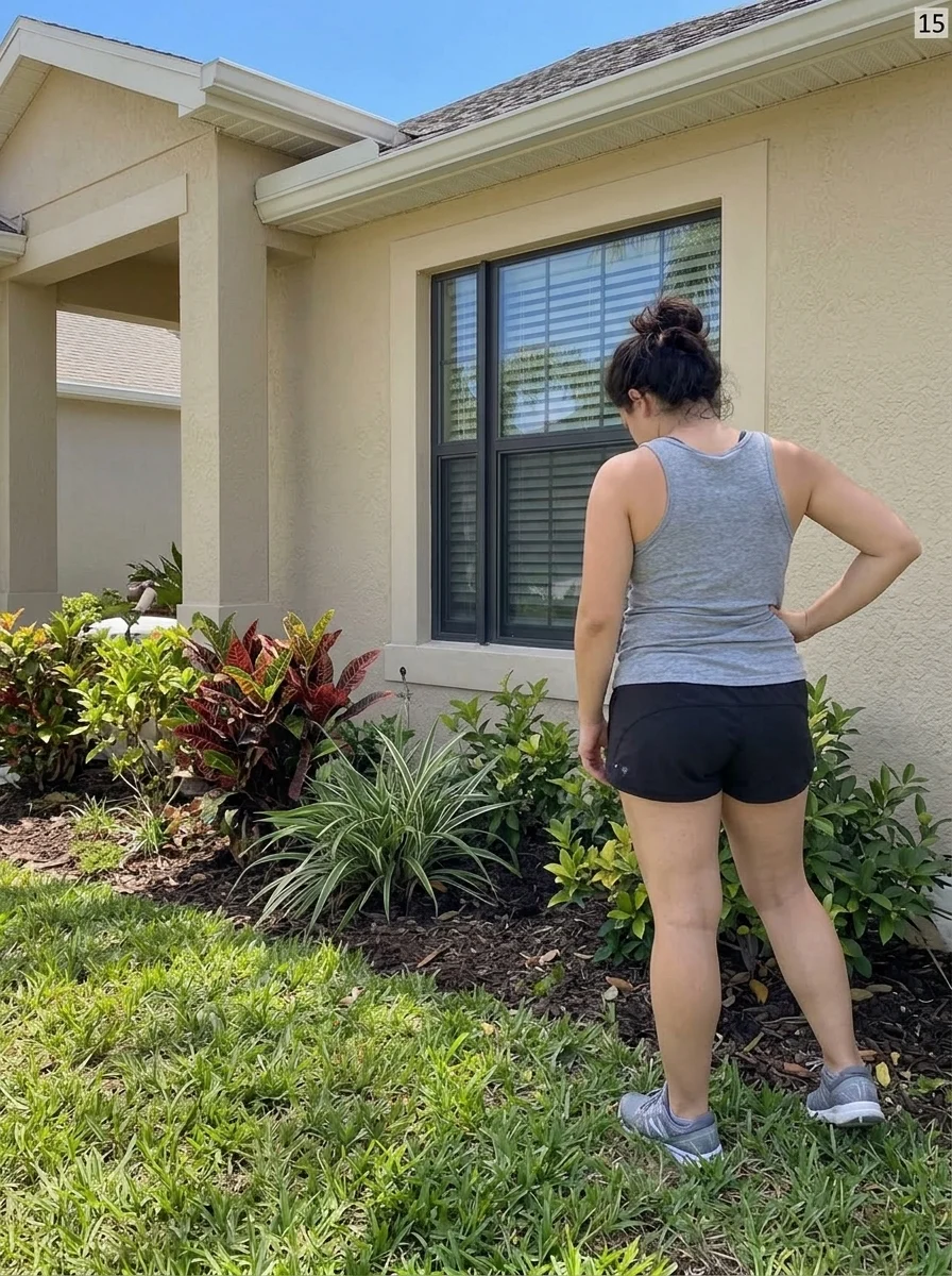 Homeowner checking plant height near a front window