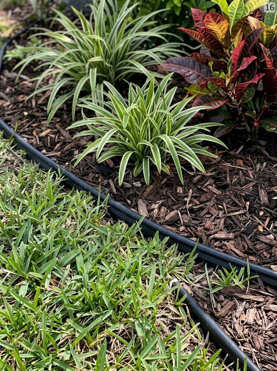 Finished mulch and simple edging around low front yard plants
