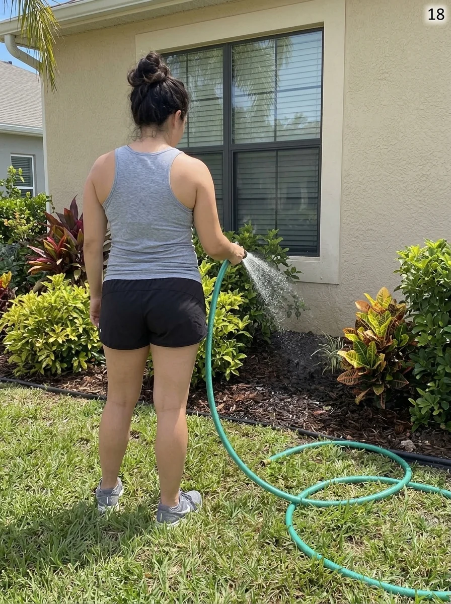 Homeowner watering newly planted foundation shrubs