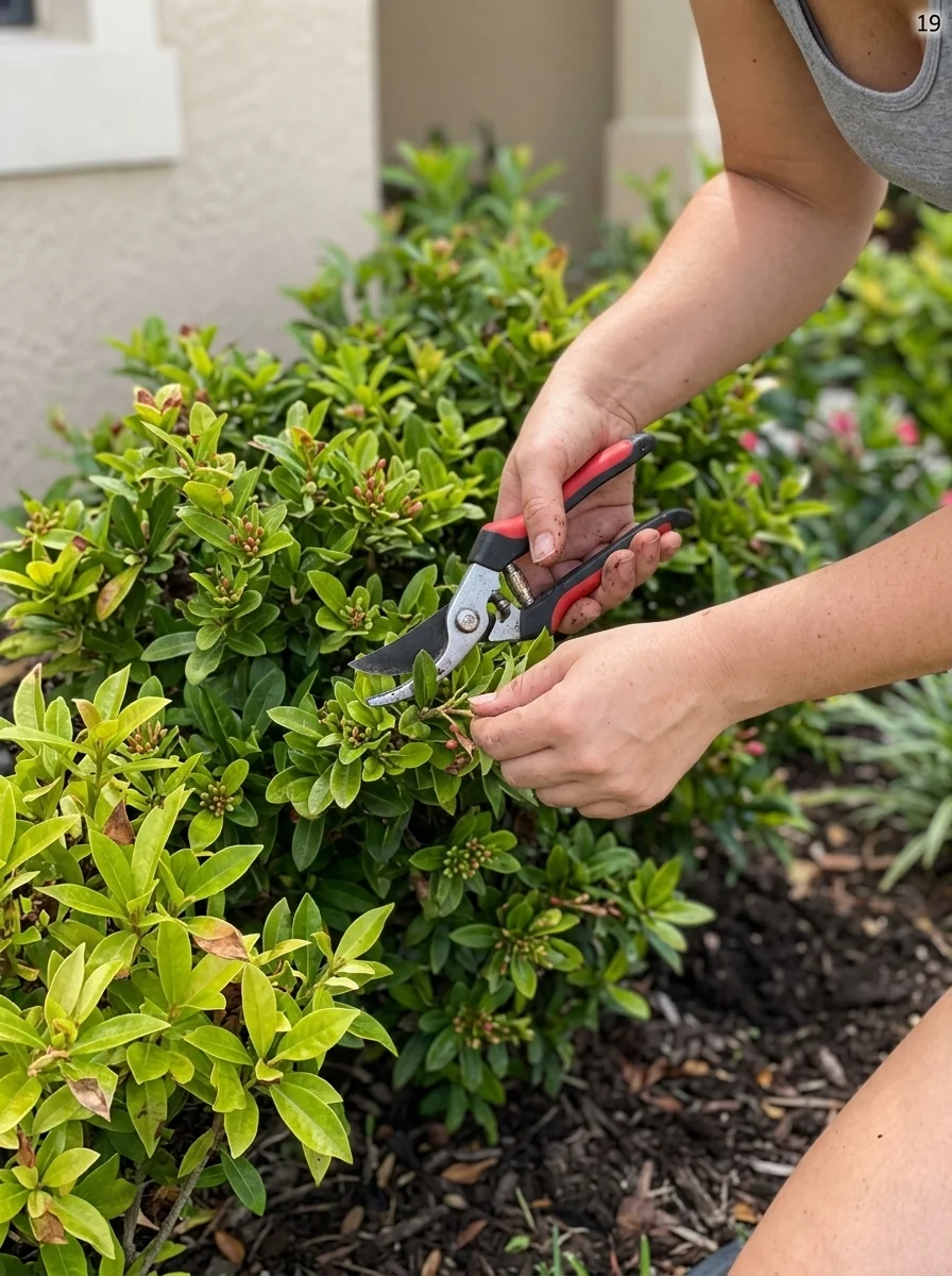 Hands lightly pruning a compact front yard shrub