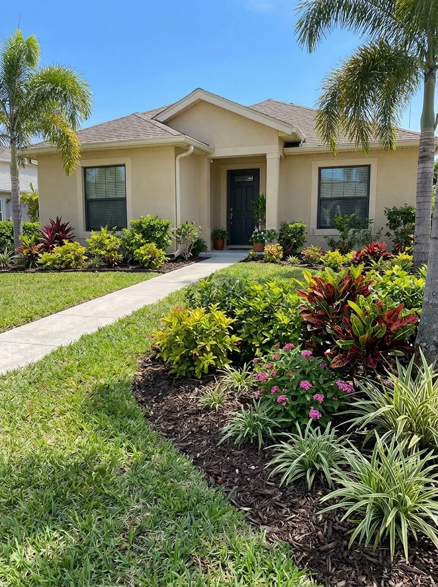 Mature low-maintenance front yard garden with open lawn and foundation planting