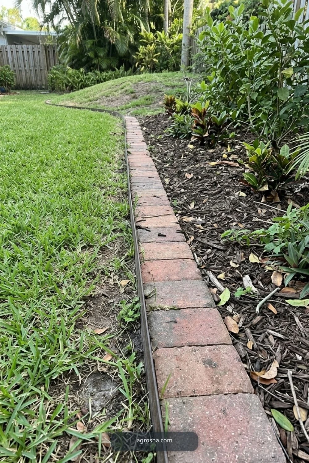 Florida landscape edging example showing metal mowing strip with pavers
