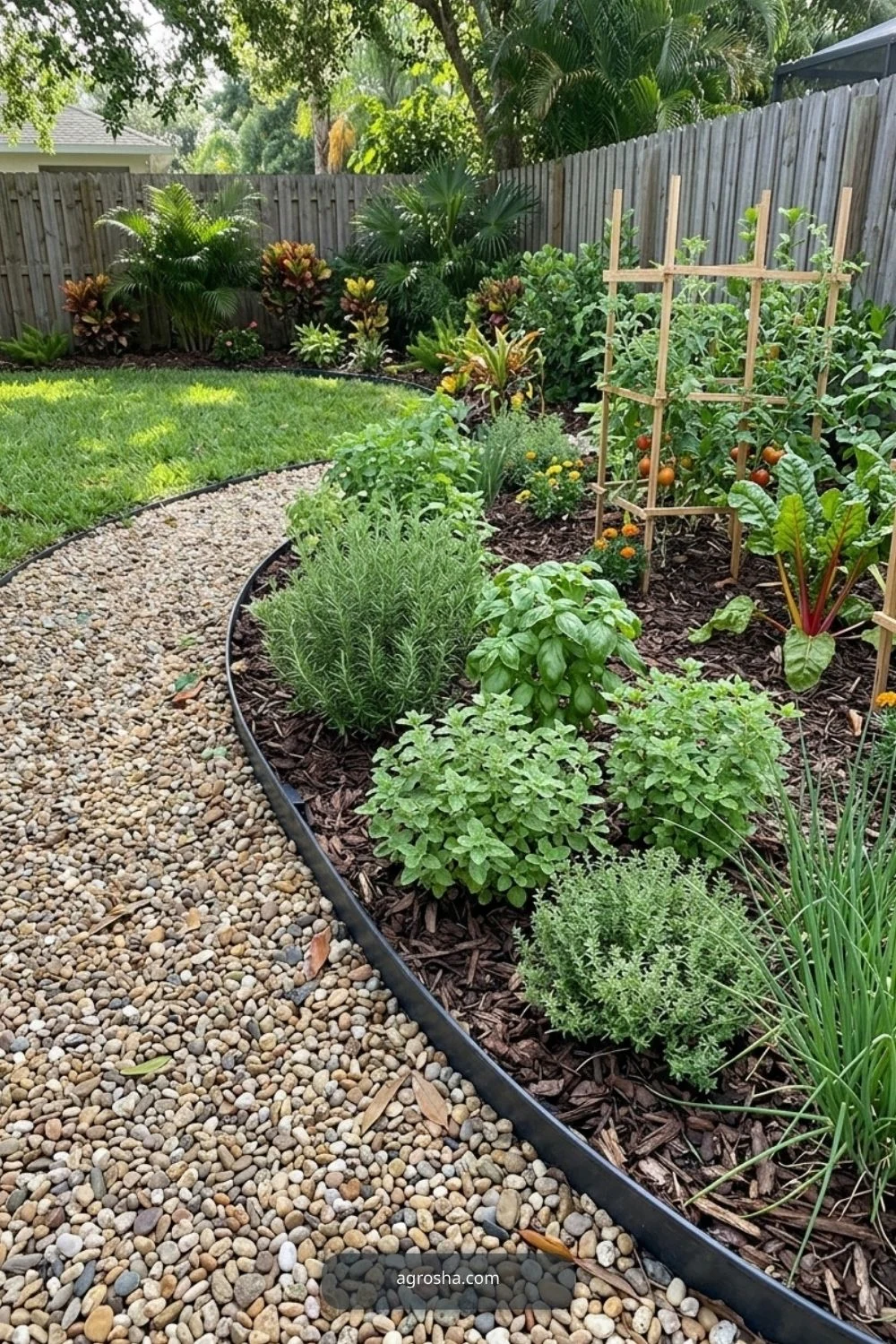 Florida landscape edging example showing herb border near an edible garden