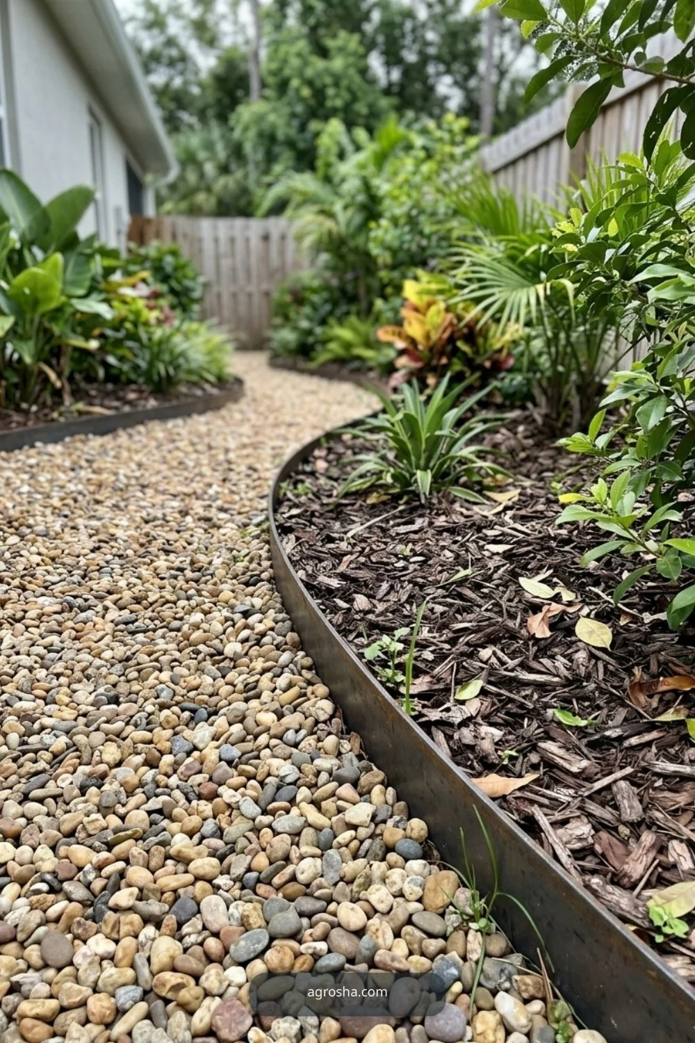 Florida landscape edging example showing gravel path with steel edge