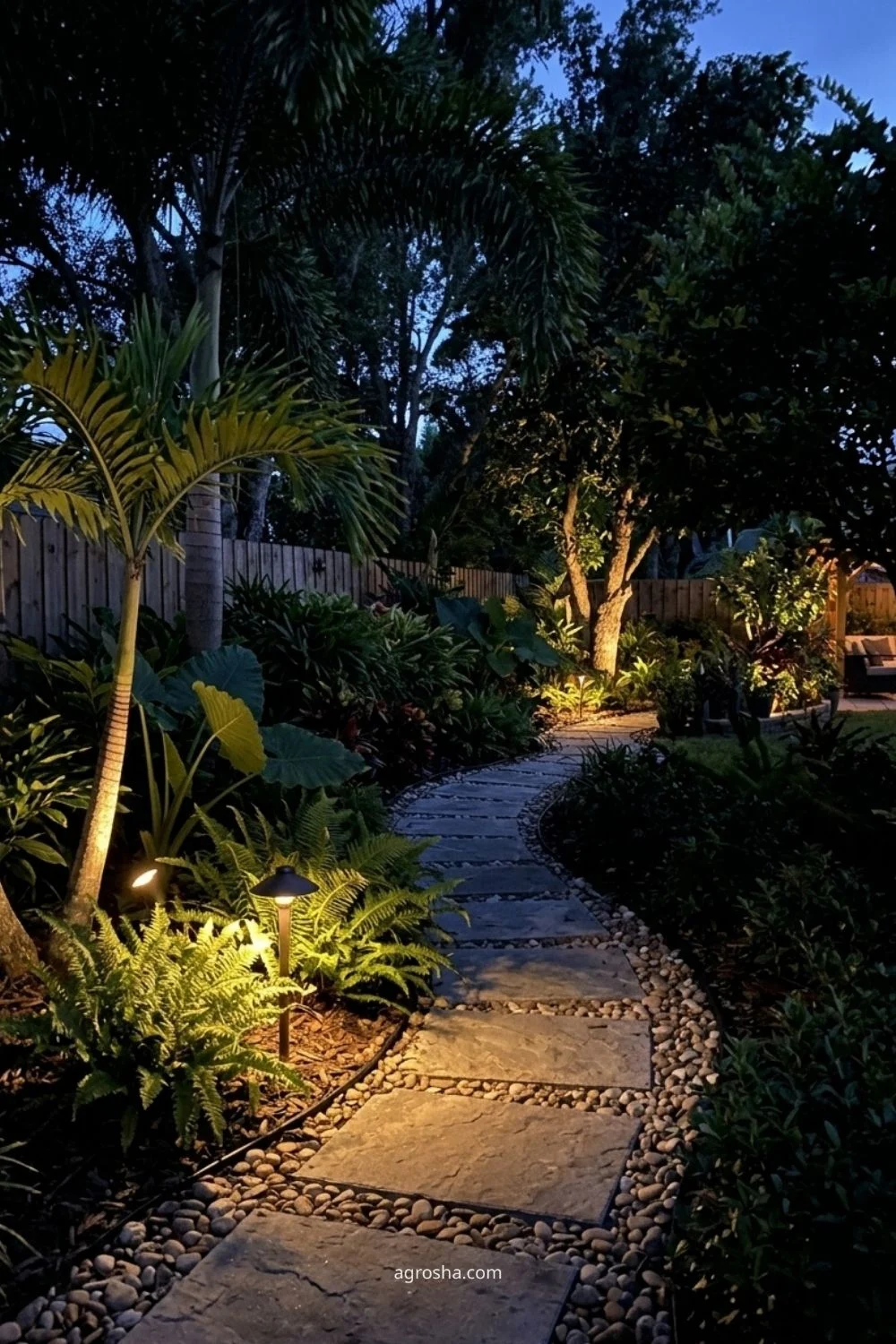 Florida garden lighting example showing leave dark areas between focal points