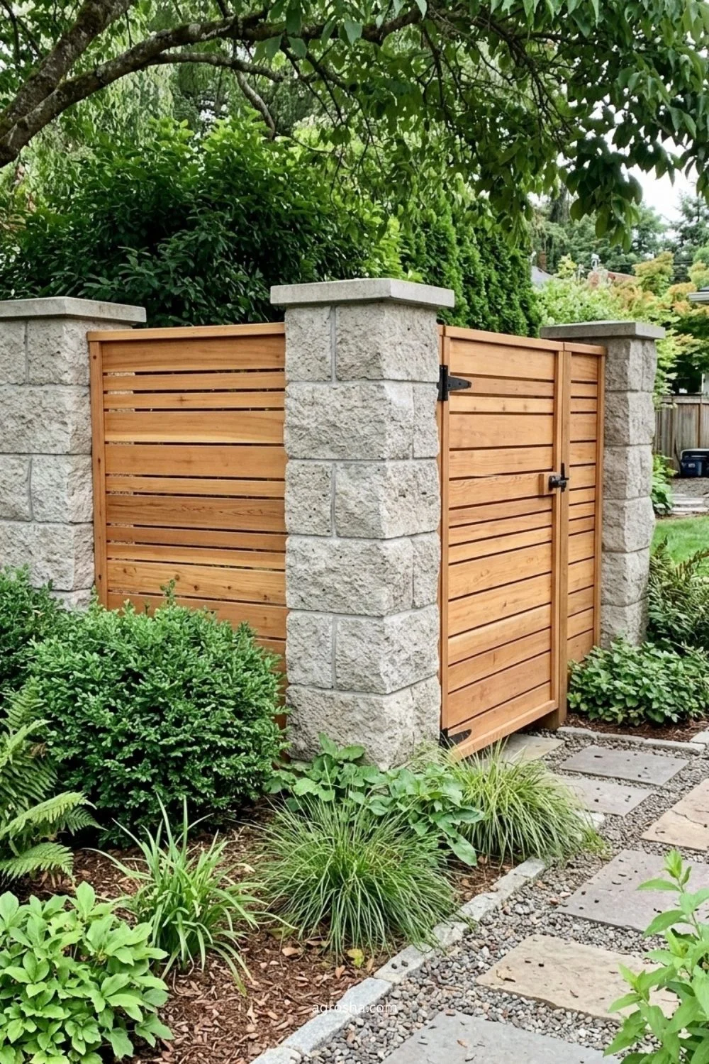 Florida privacy screen example showing masonry columns with wood infill