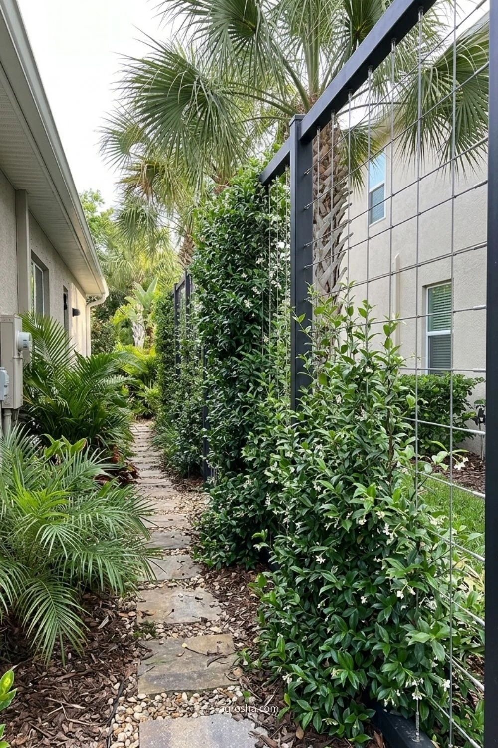 Florida privacy screen example showing steel-and-cable plant trellis