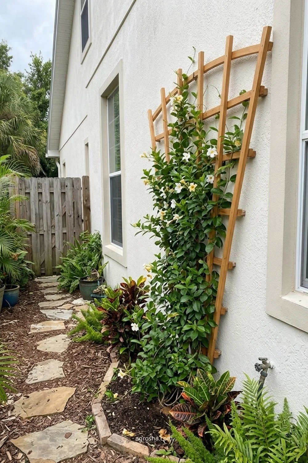 Florida garden trellis example showing fan trellis for a narrow wall