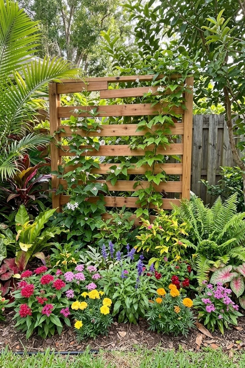 Florida garden trellis example showing trellis panel behind a mixed flower border