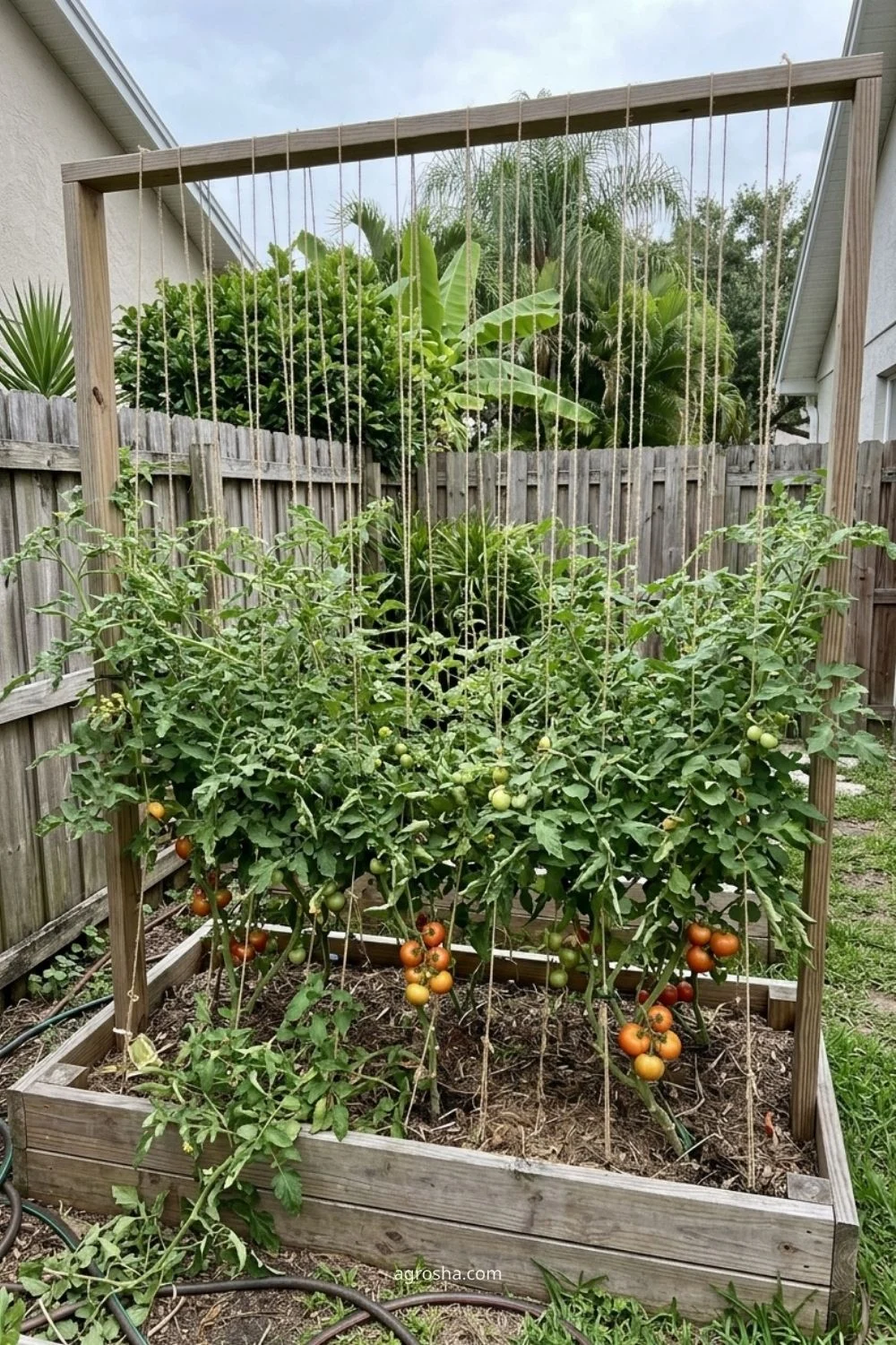 Florida garden trellis example showing tomato string trellis