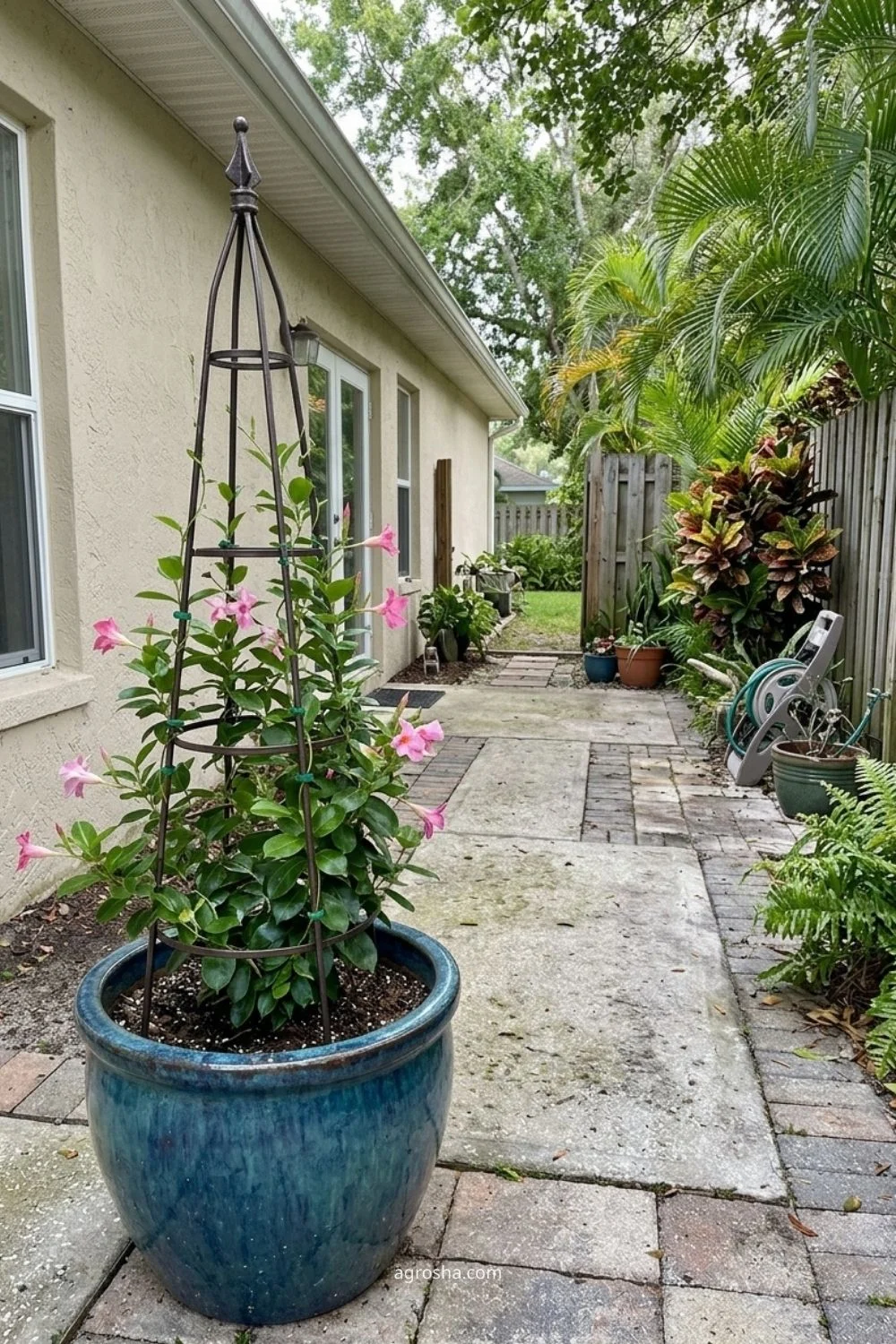 Florida garden trellis example showing pot-mounted mini obelisk
