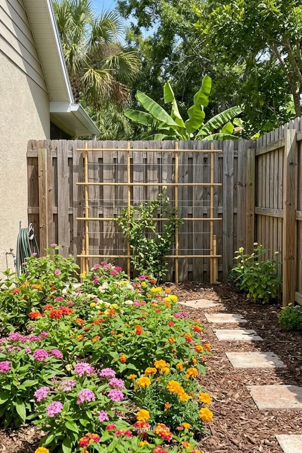 Florida garden trellis example showing trellis placed to avoid unwanted shade