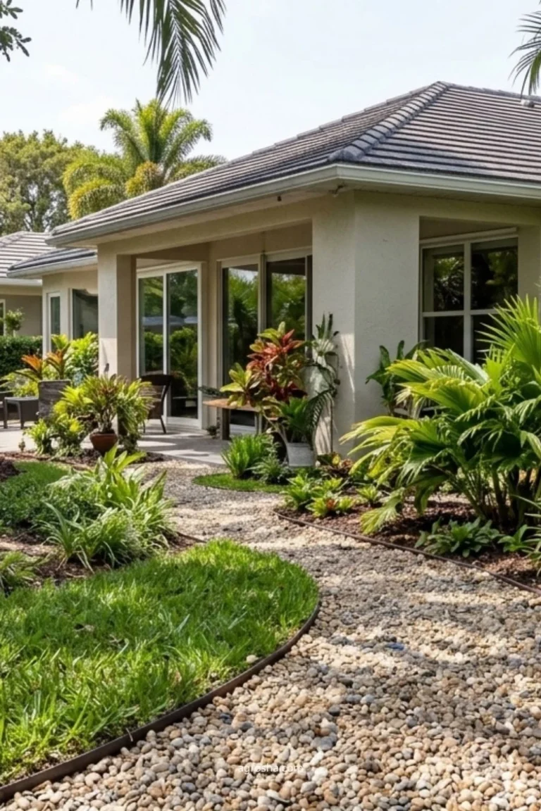 Florida backyard gravel garden path with edging and planting