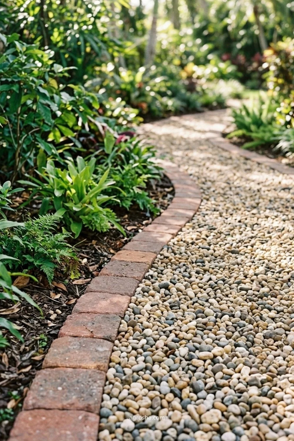 Florida gravel path showing pea gravel with brick edging