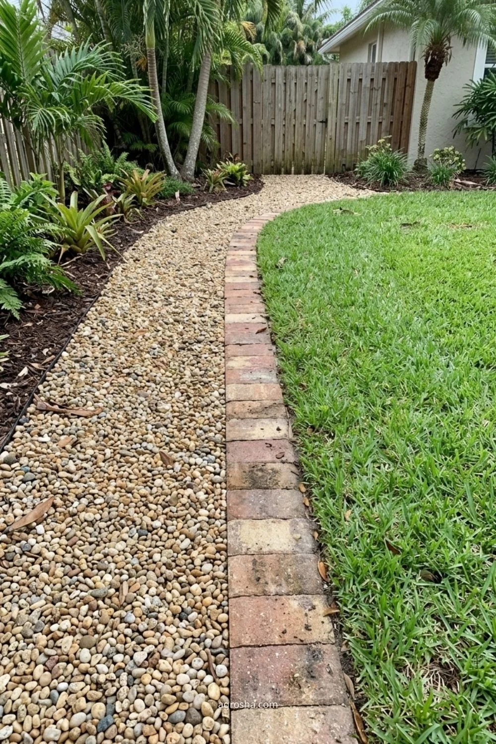 Florida gravel path showing brick mowing strip beside gravel