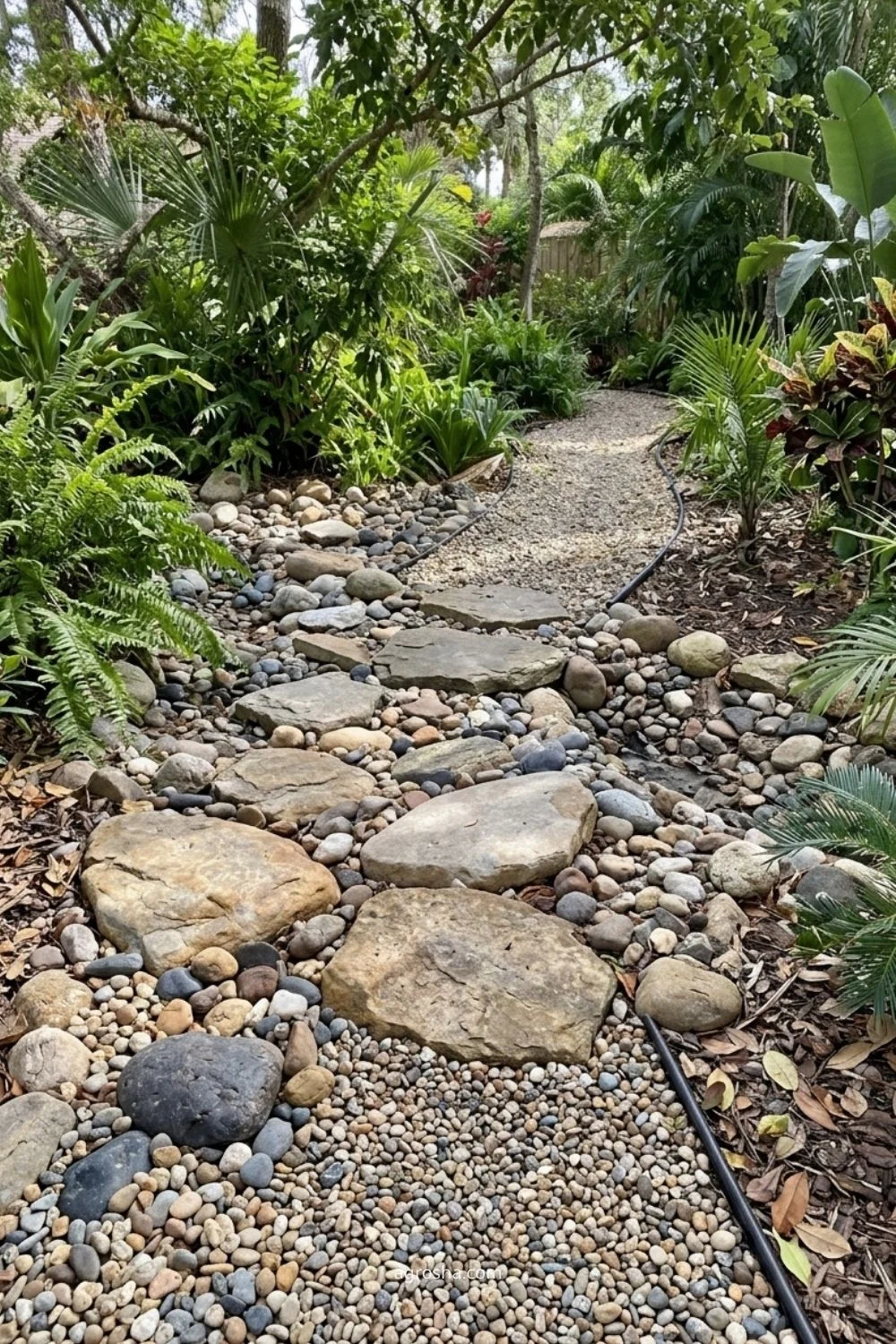 Florida gravel path showing dry-creek crossing with flat stones
