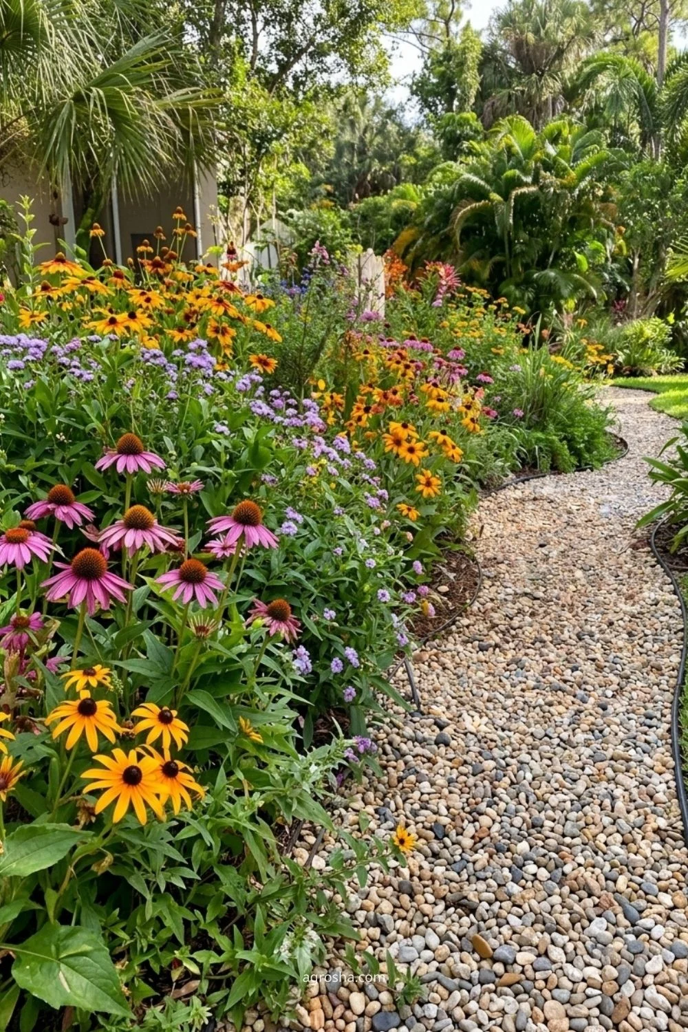 Florida gravel path showing gravel path through a pollinator bed