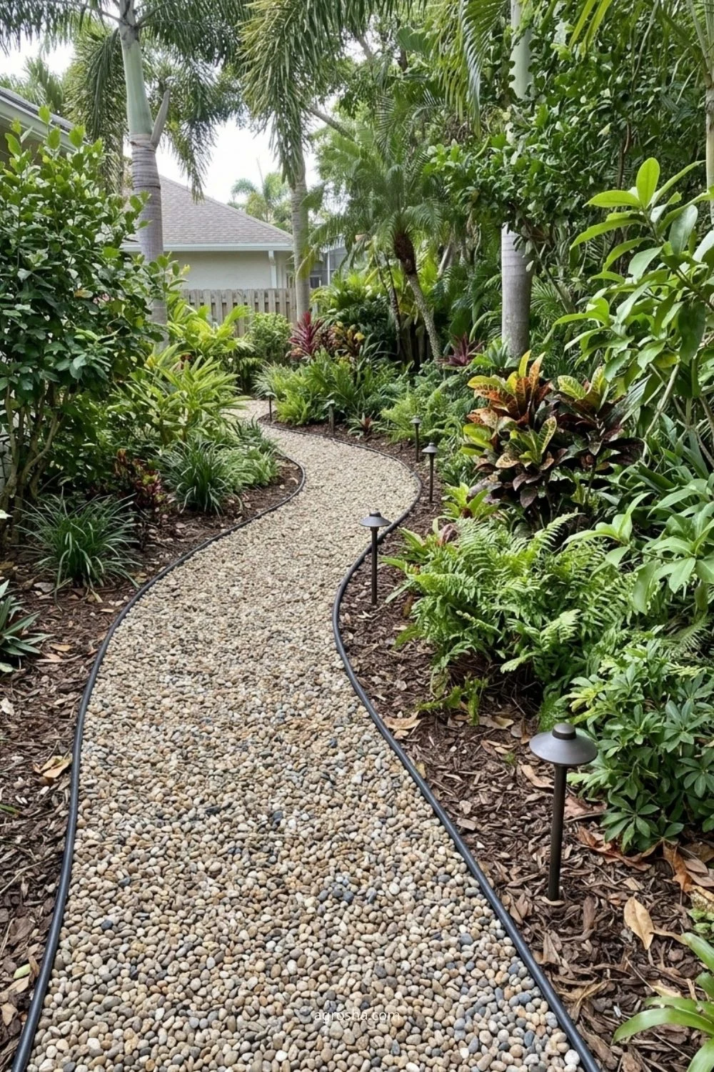 Florida gravel path showing gravel path with low-voltage lighting
