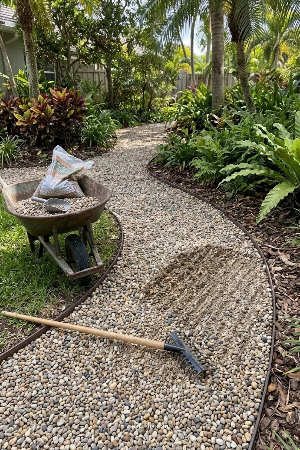 Florida gravel path showing refresh gravel by raking and spot-filling