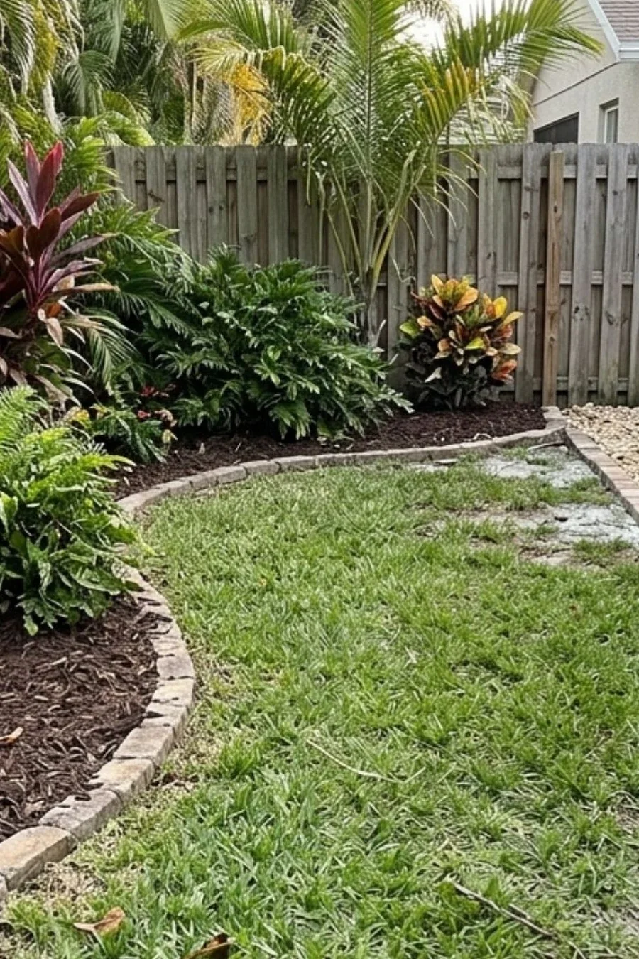 Curved brown mulched garden bed beside patchy lawn, pale gravel and stone edging in a Florida backyard