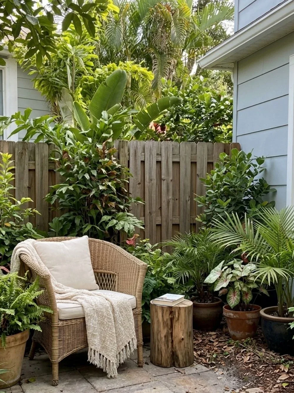 Wicker reading chair with throw blanket, small book table and potted foliage beside a wooden fence
