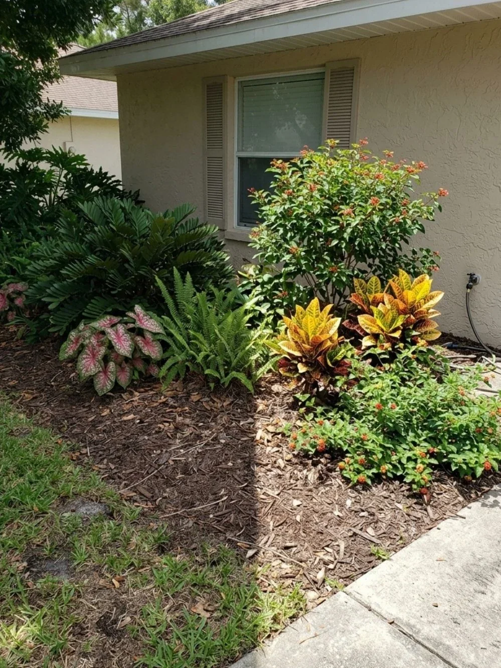 Shade-tolerant foliage, flowering shrubs and crotons beside a window in a Florida garden bed