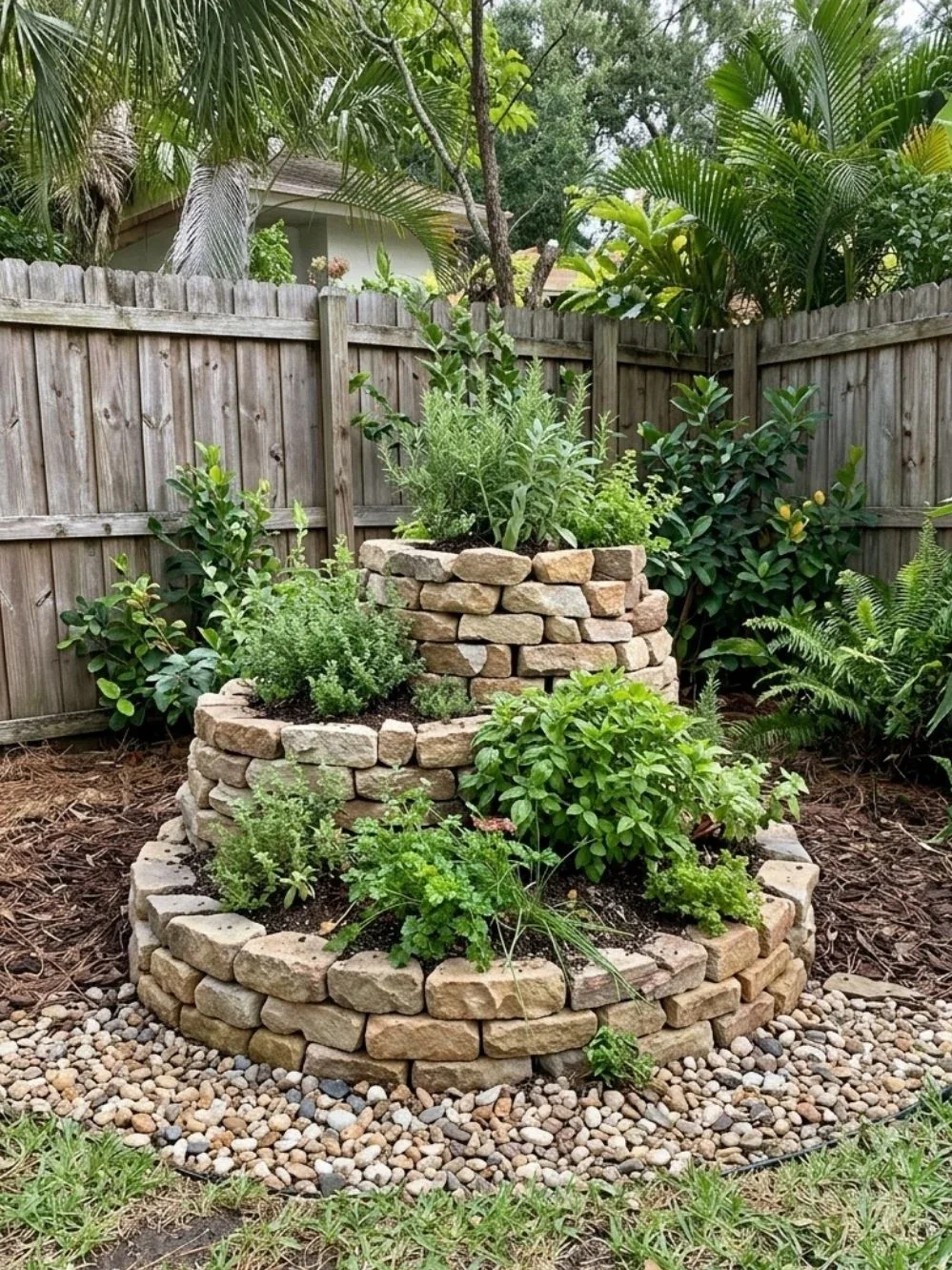 Tiered stone herb spiral filled with culinary herbs and gravel at a fenced garden corner