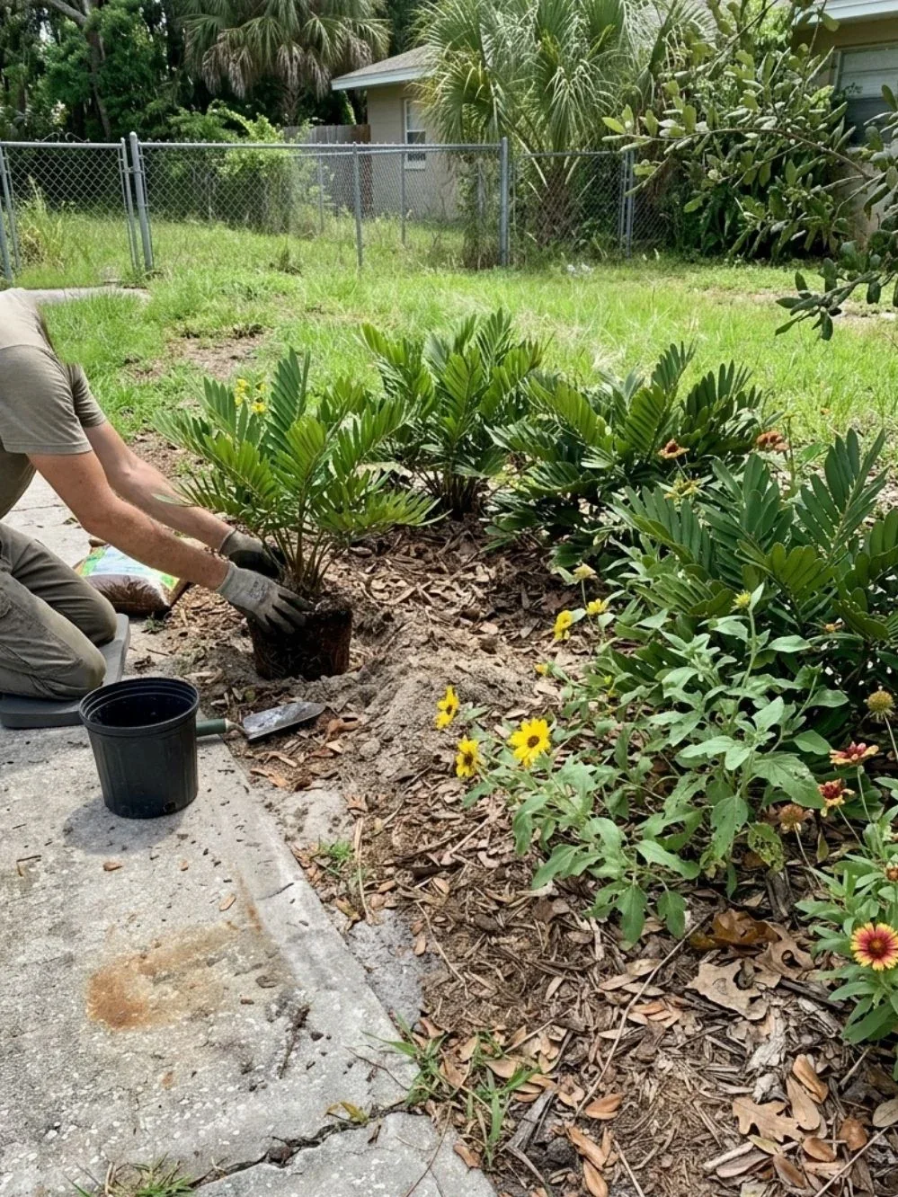 Gardener positioning a young foliage plant among established shrubs beside a garden path